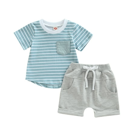 

Baby Boys Summer Outfits Set Short Sleeve Striped T-Shirt Tops + Solid Color Short Pants 6 12 18 24 Months 2T 3T