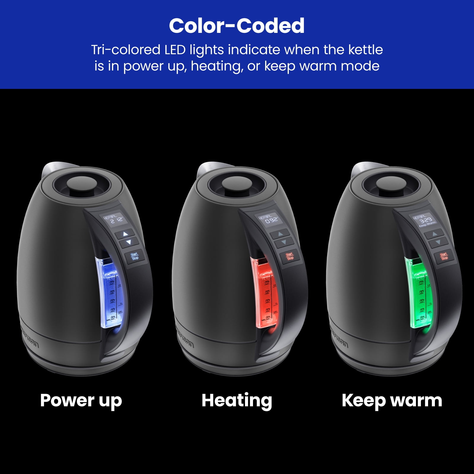 Chefman 1.7 Liter Electric Kettle, Temp Control, LED Light, Auto Shutoff, Stainless Steel, Black