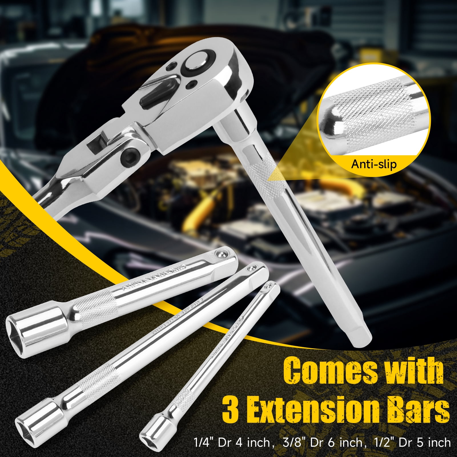 6-Piece Flex Head Ratchet Set, 1/4", 3/8", 1/2" Drive, Swivel Head Ratchet Wrench with Extension Bar, 72 Tooth, 180° Adjustable, Quick-Release, Flexible Ratchet Handle