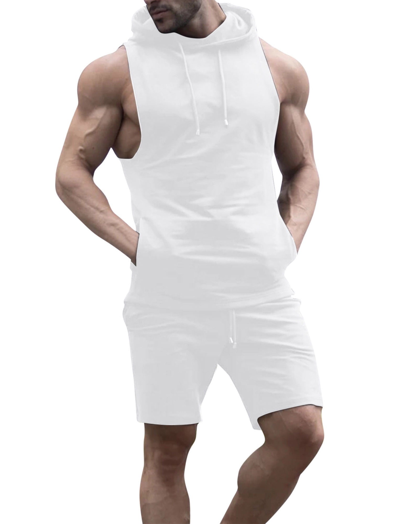 Mens Pullover Hooded Vest Sleeveless Track Tops Print Fitness Blouse Vest 