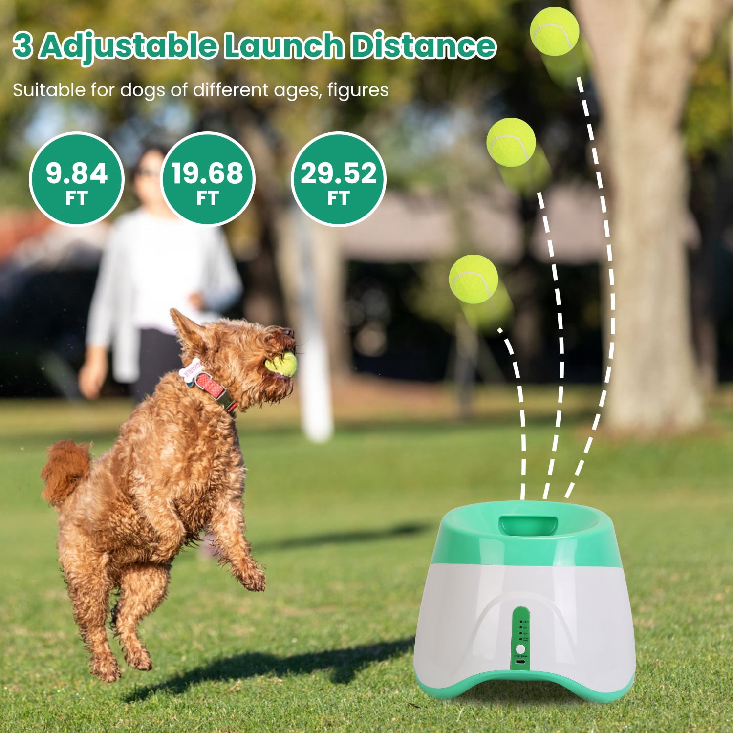 Imountek Automatic Dog Ball Launcher, 3 Adjustable Distances Interactive Dog Ball Thrower Fetch Machine with 6 Tennis Balls