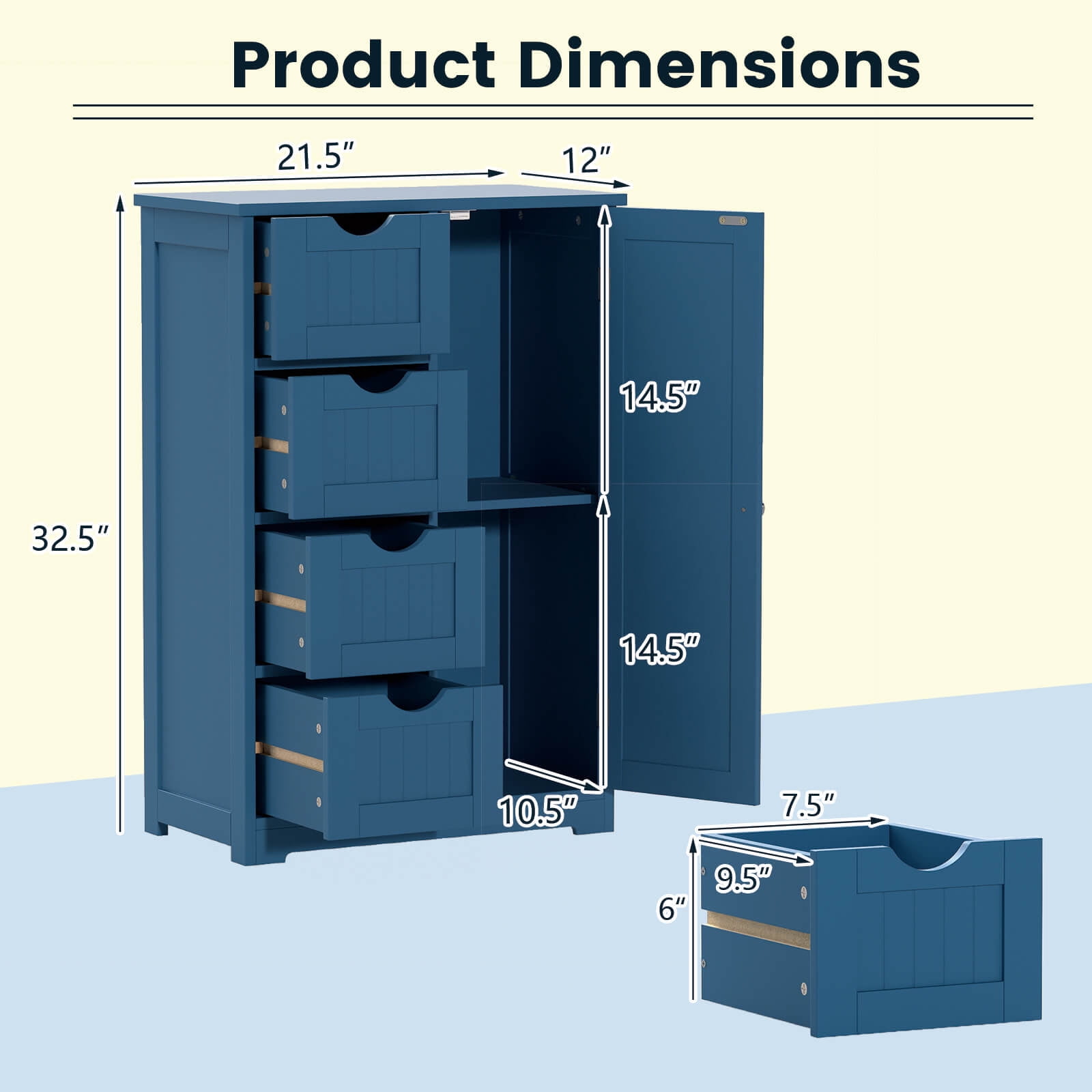 Costway Wooden 4 Drawer Free Standing Bathroom Floor Cabinet Storage Cupboard Adjustable Blue