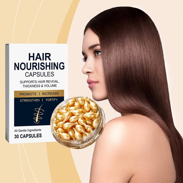 cápsulas nutritivas para folículos pilosos (30 unidades) | caja blanca y azul junto a frasco abierto con cápsulas doradas sobre fondo beige curvo y mujer de perfil con cabello largo y liso castaño; tratamiento para el cabello que fortalece la base y complementa rutinas de cuidado capilar.