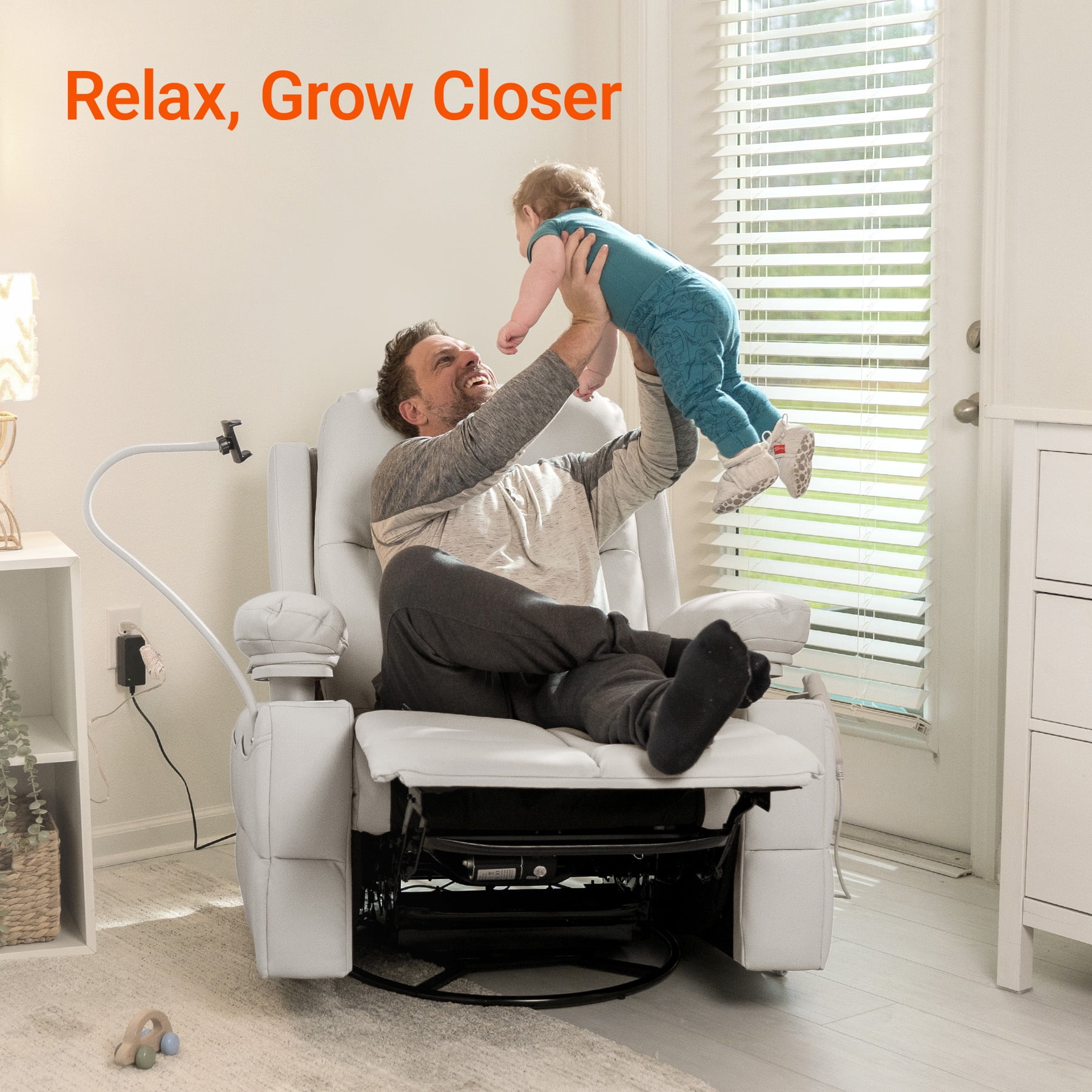 MAMAZING Nursery Rocking Chair Swivel Glider Oversized Recliner with Pockets Electric Power Baby Nursing Chair White