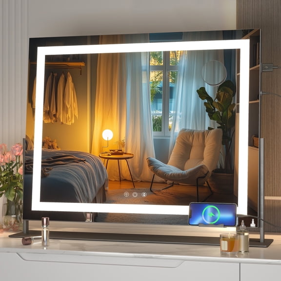 Hasipu Vanity Mirror with Lights, 24.2" x 19.7" LED Makeup Mirror, Light up Mirror with 10X Magnification and USB, Phone Holder, Smart Touch 3 Colors Dimmable, 360 Rotation (Right Angle Black)