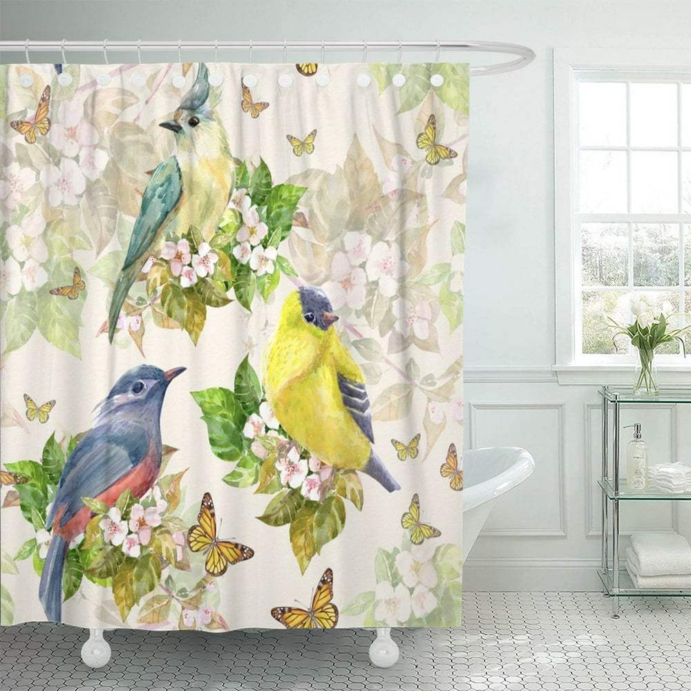 PKNMT Green Vintage Cute Birds on Apple Blossom Watercolor Painting