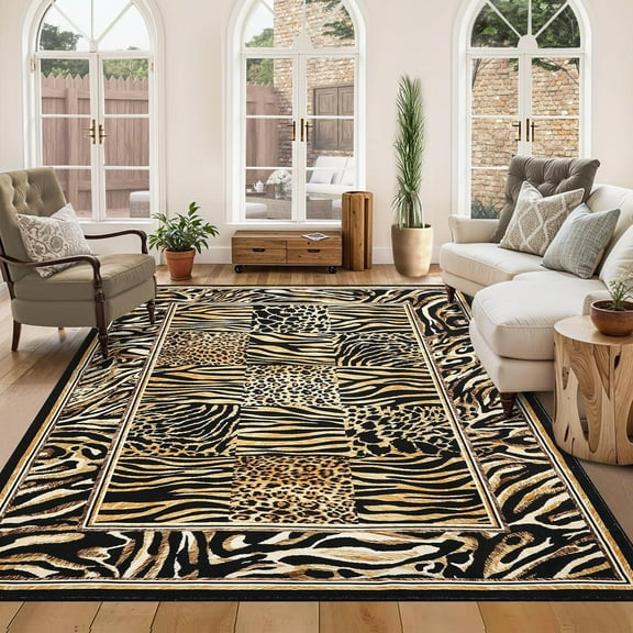 Leopard Rug 5x7 Washable, Soft Leopard Patchwork Print Living Room Large Rug Carpet Non-Slip Low Pile Carpet for Office Bedroom Dining Room, Brown