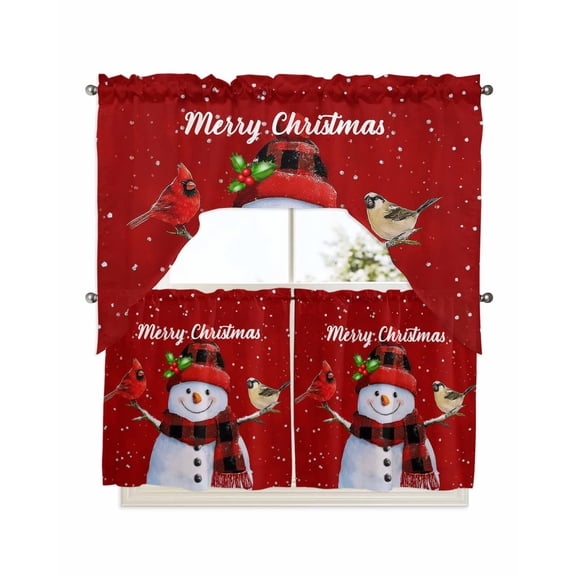 Christmas Snowman Kitchen Curtains Swag Valance and Tier Curtains Set 24 Inch Length, Winter Cardinal Xmas Berry Snowflake Rod Pocket Drape Panels Pair Swag Curtains for Bathroom/Cafe/Window