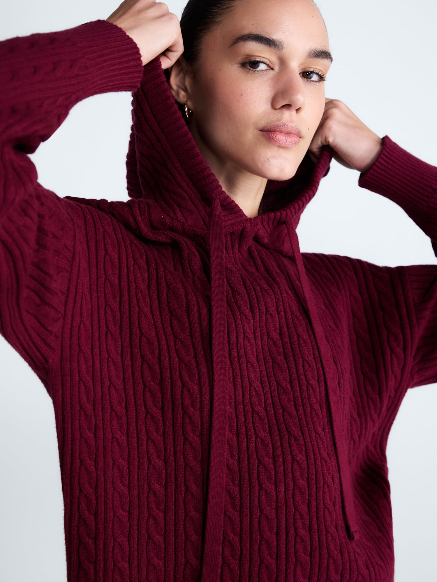 Free Assembly Women's and Women's Plus Cozy Yarn Cable Knit Hoodie Sweater, Midweight, Sizes XS-4X