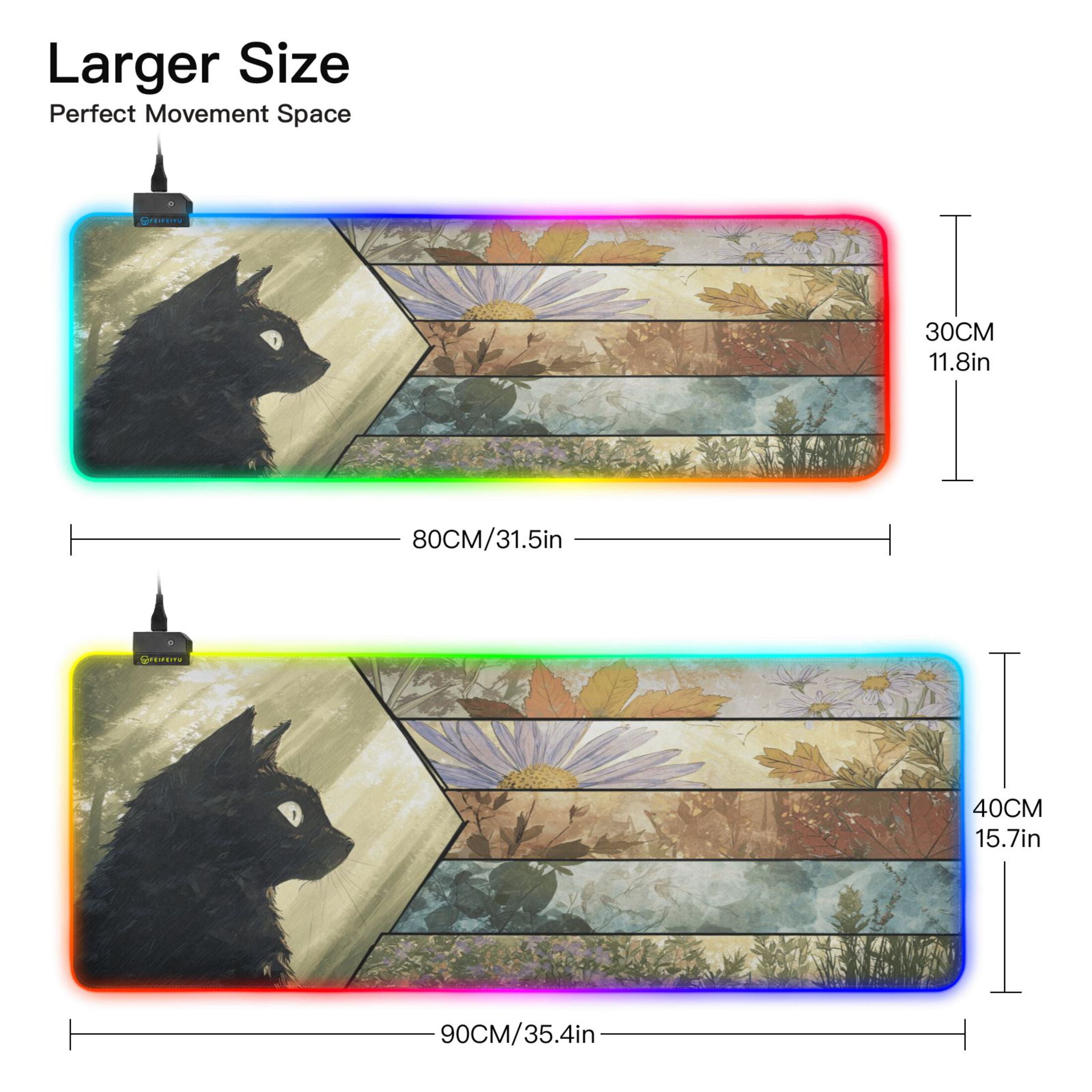 Haosy RGB Led Gaming Mouse Pad Non-Slip Large Keyboard Desk Mat 13 Light Modes 31.5x11.8 inch Black Cat with All Seasons