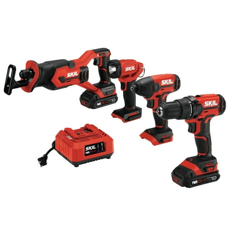 SKIL CB739601 PWR CORE 20V 4 Tool Combo Kit, Drill Driver, Impact, Drive, Recip Saw, and Spot Light, with two 2.0Ah Batteries and Charger