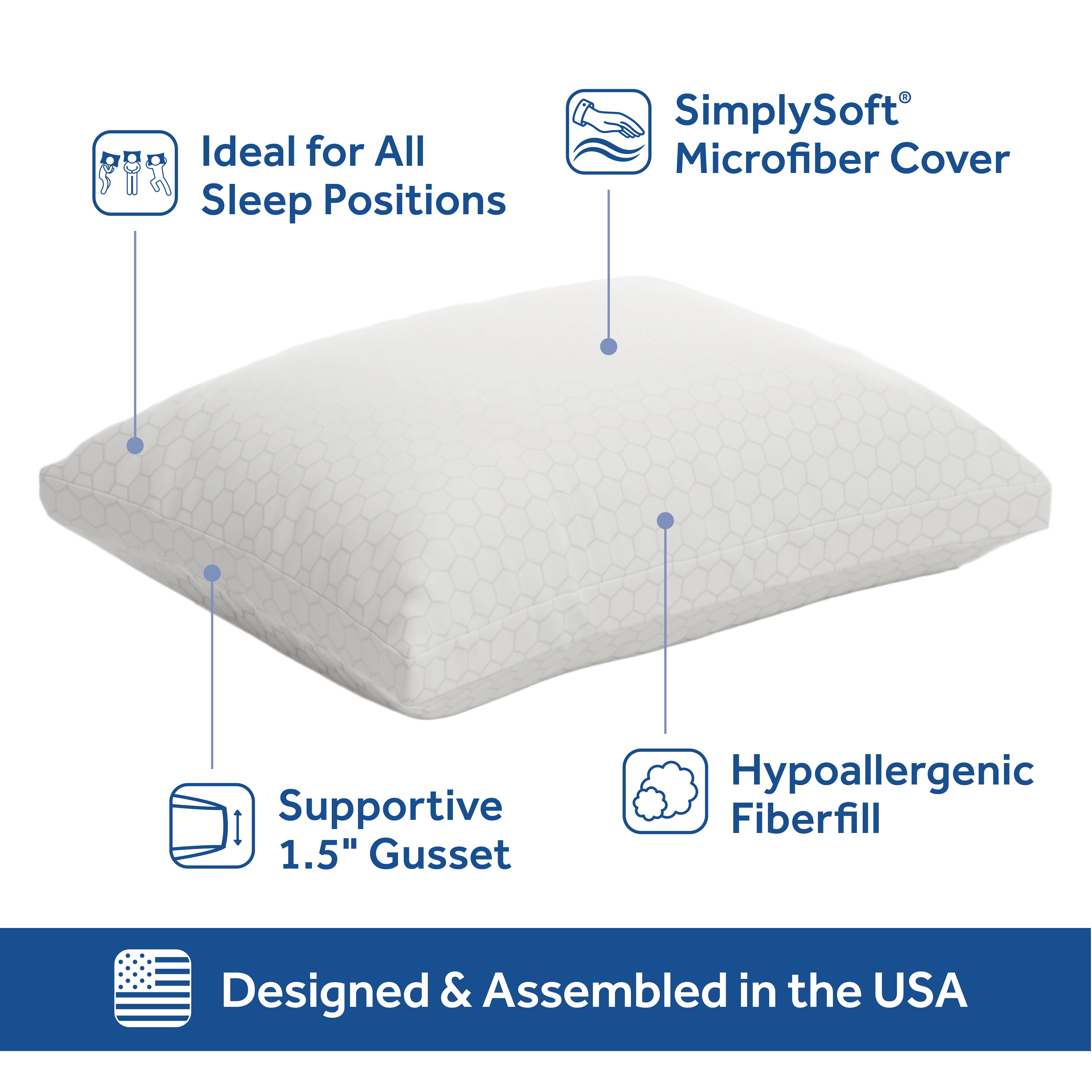 Sealy Essentials All Positions Bed Pillow, Standard- Hexagon Pattern, Firm, Back, Stomach, and Side Sleeper (2 Count)