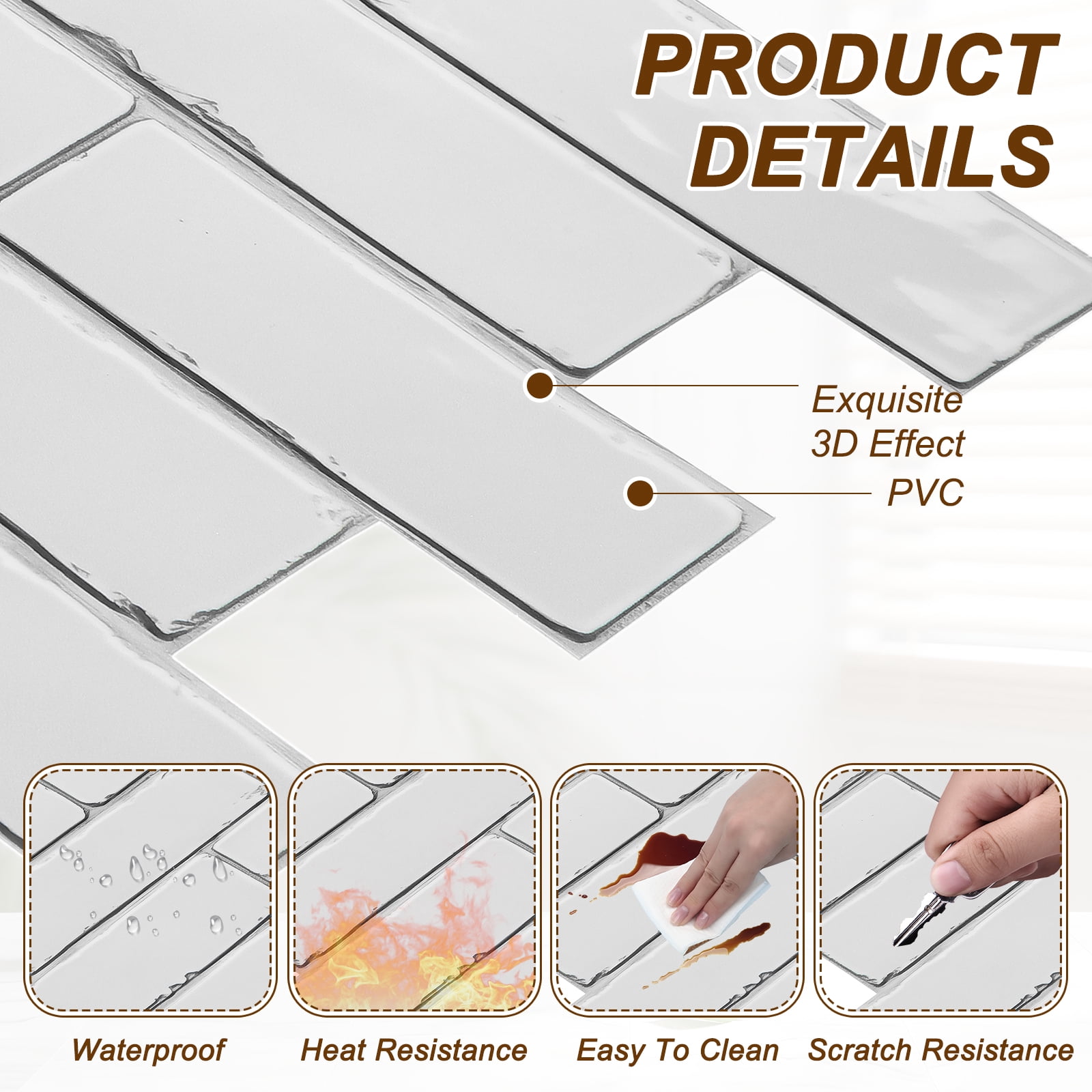 Uxcell 10Pcs Peel and Stick Backsplash Tiles 10.6" x 10.6" 3D Thickened Stone Texture Self-Adhesive Tile Stickers Wallpaper Wall for Kitchen Bathroom Bedroom, White