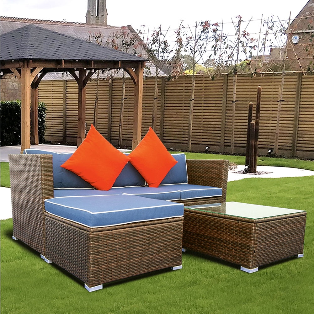 Kepooman Patio Furniture Sets 3 Pieces Outdoor Sectional Rattan Sofa Manual Weaving Wicker Patio Conversation Set with Pillow, Blue Cushion Kepooman Patio Furniture Sets 3 Pieces Outdoor Sectional Rattan Sofa Manual Weaving Wicker Patio Conversation Set with Pillow, Blue Cushion