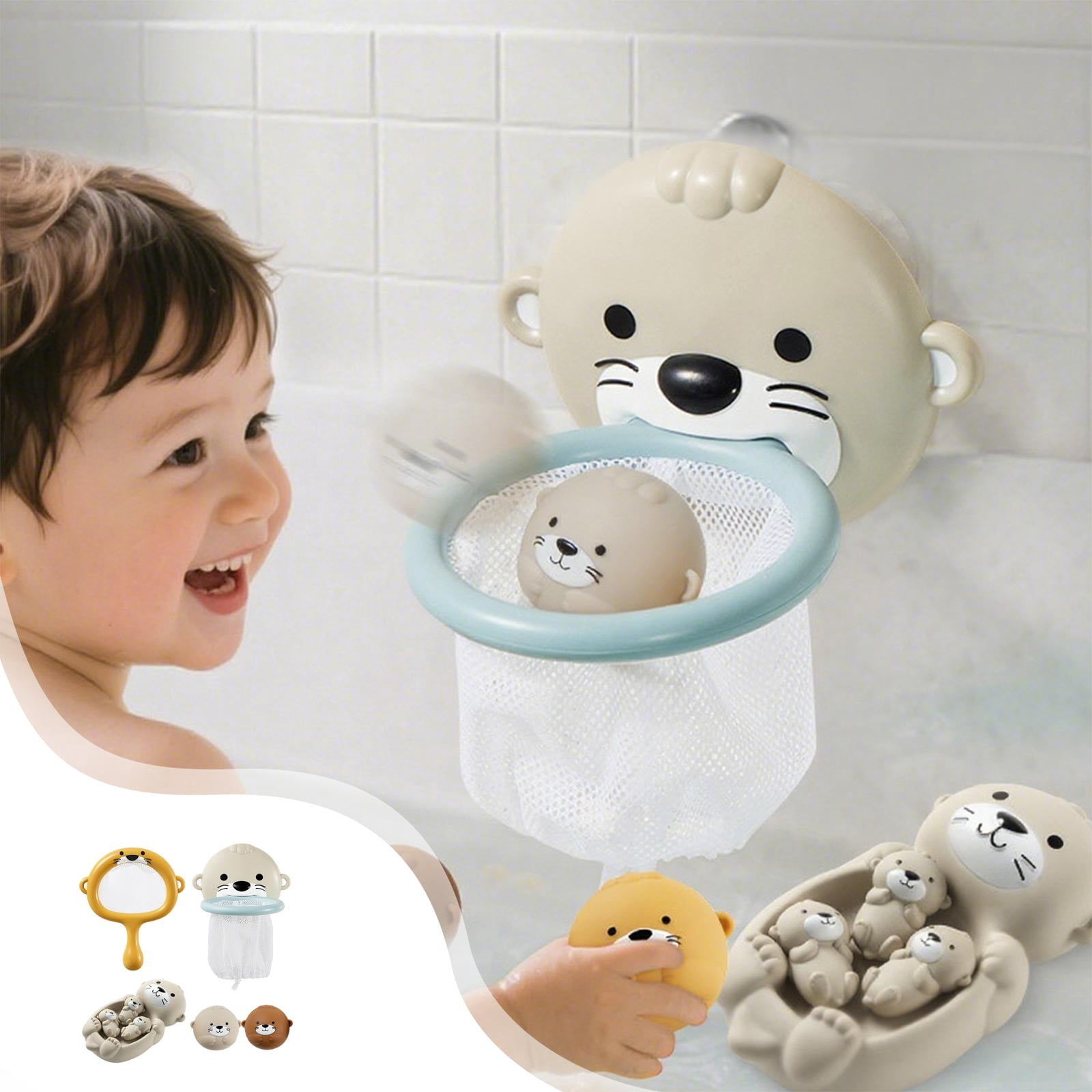 Virmaxy Soft Floating Otter Family Bath Playset with Basketball Hoop and Balls No Hole One Piece Design Bathtub Toy for Kids Water Play Baby Shower Gift