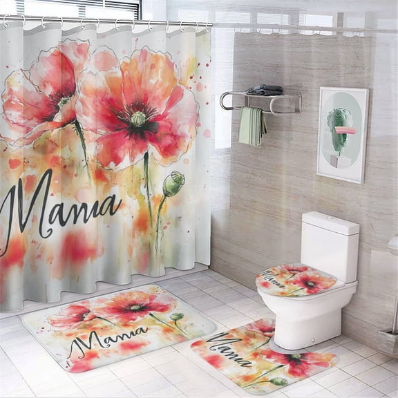 Floral Mama 4 Piece Shower Curtain Sets with Non-Slip Rugs Toilet Lid Cover And Bath Mat Shower Curtain Set Funny Mother's Day Mommy Mama Nana Durable And Waterproof for Bathroom Decor Sets