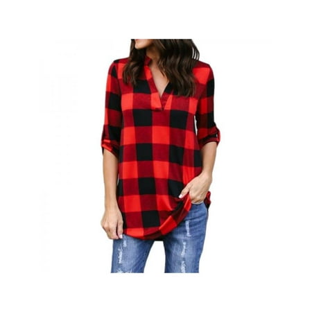 Lavaport Women's Plaid Check V-Neck Loose Blouse Plus Size