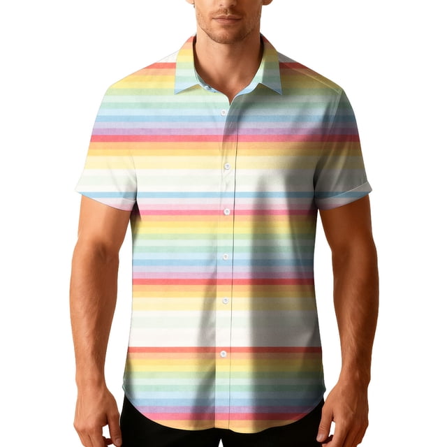 Chemise de Couple pour Hommes de la Saint-Valentin, à Imprimé Arc-en-Ciel, Manches Courtes, Boutonnée avec Col Rabattu, Tissu Léger et Respirant, Coupe Régulière, Haut Assorti pour Cadeaux et Rendez-Vous des Fêtes