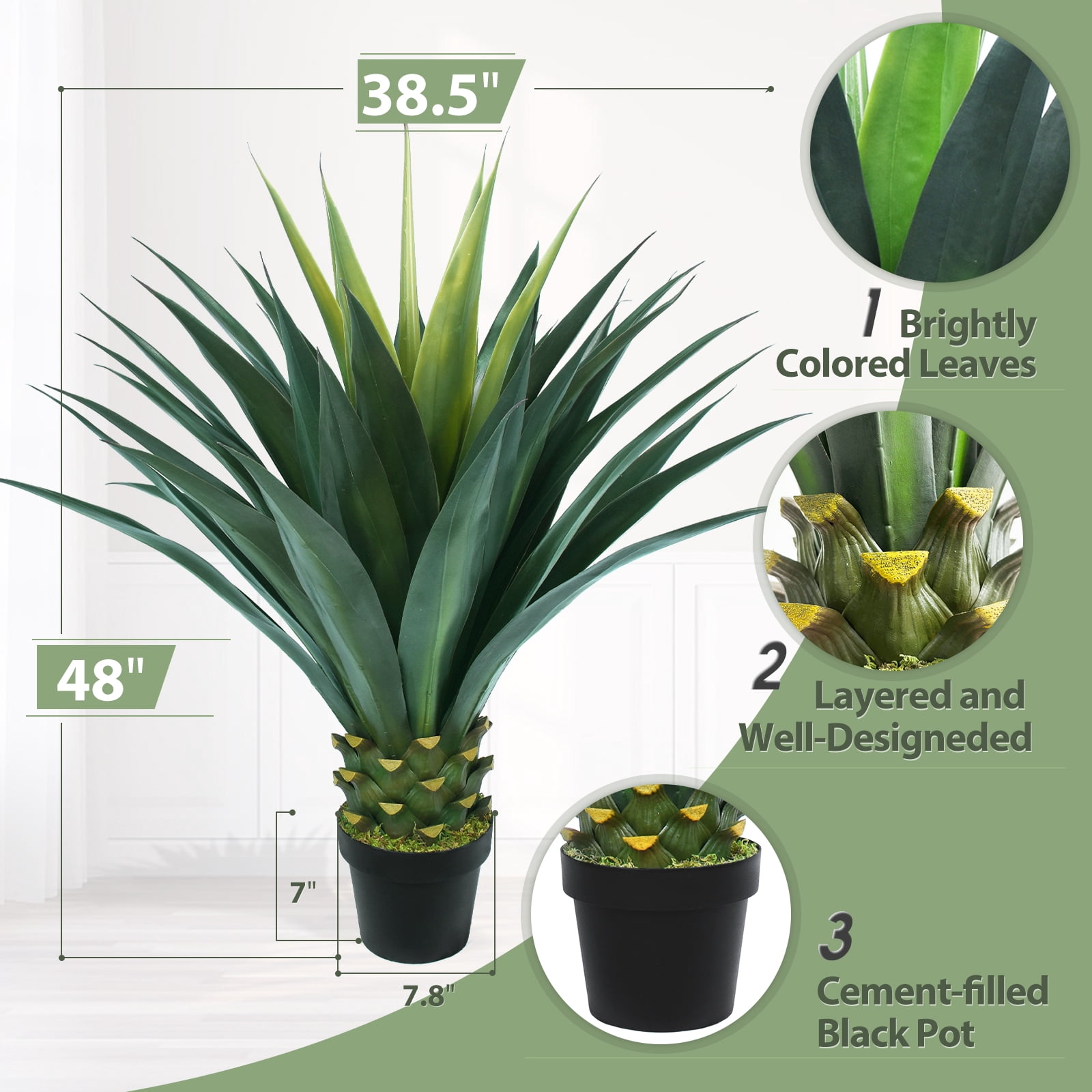 3.5ft Artificial Agave Plant, 42 Inch Tall Faux Agave Plants in Black Pot, Fake Floor Plant Outdoor Indoor for Front Porch Patio Home Office Door Step Hotel Desert Style Decor 1PCS