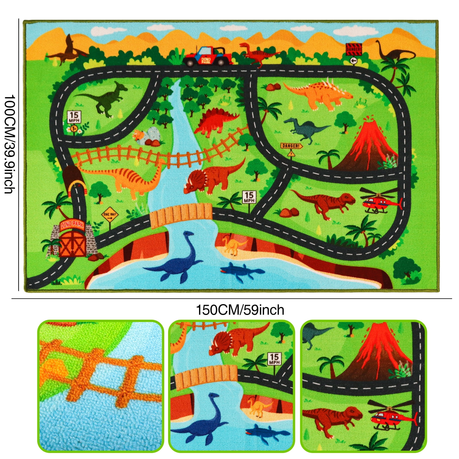 Kids Carpet Playmat Rug,59"X39.4" Dinosaur Car Rugs for Kids Toy Cars,Non Slip Dino Safari Road Map Kids Rug for Playroom Bedroom Boys,Kids Play Mat Road Rug,Track Rug Car Play Carpet for Kids
