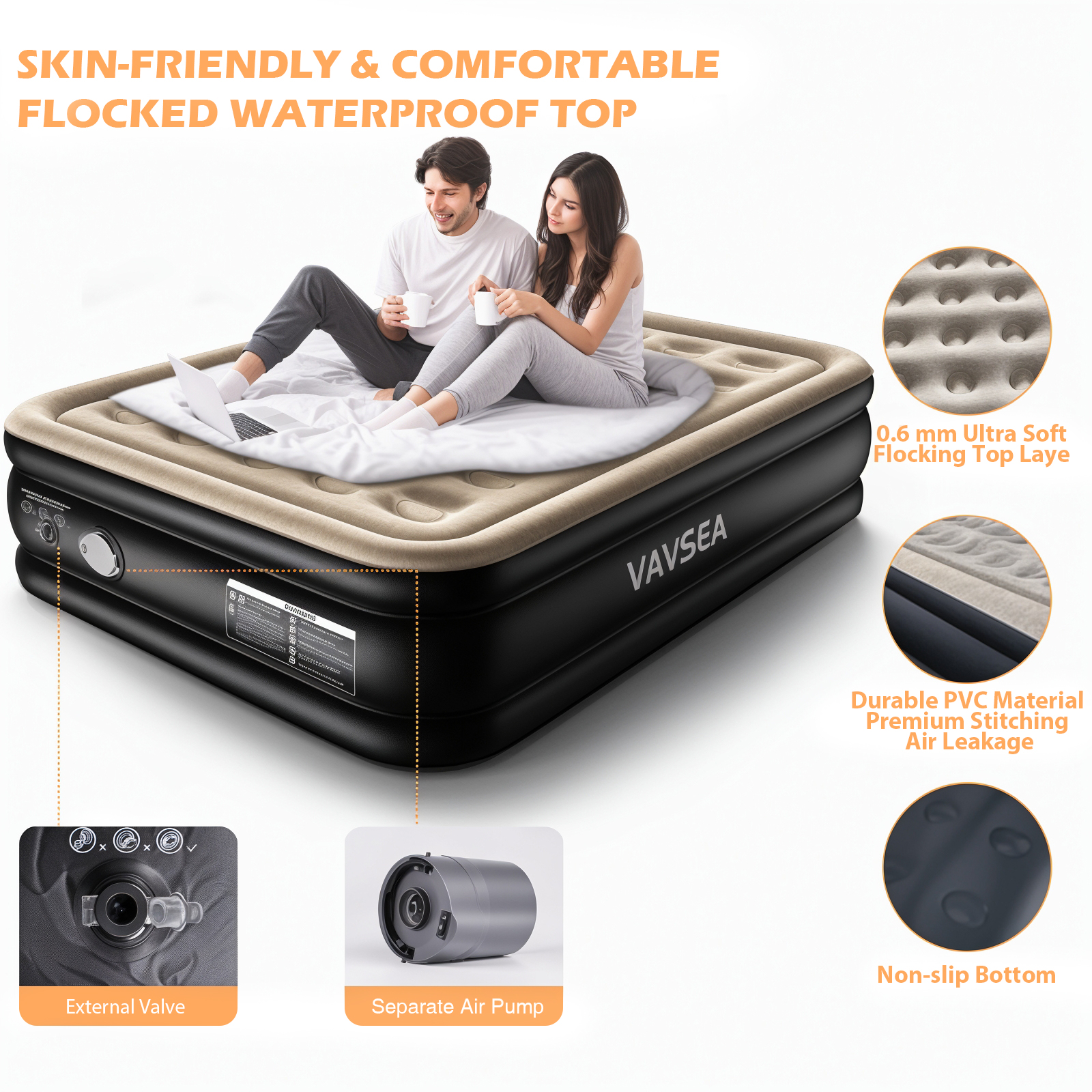 VAVSEA Queen Air Mattress Cordless, 18" Blow up Mattresses with Built in Pump for Camping, Travel, Guests, 660lb Max