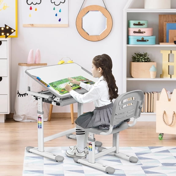 Escritorio Infantil Costway Con Silla de Lectura Ajustable 66 x 47 x (54) - 76 cm Gris