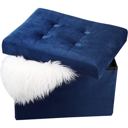 Navy Rectangle Velvet Ottoman with Storage Under Desk Foot Rest Folding Furniture Button Tufted 16x12x12IN