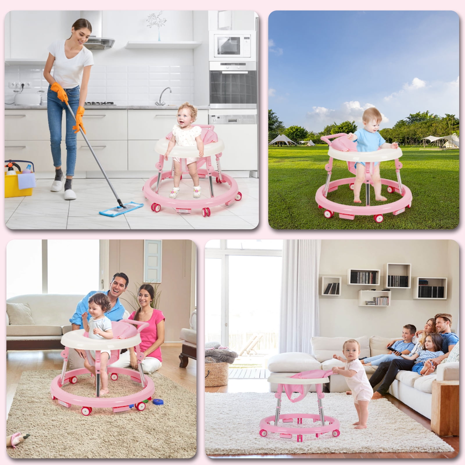 Baby Walker for 6-18 Months - One-Touch Foldable Design, 9 Adjustable Heights, Non-Slip Wheels with Removable Activity Tray, pink