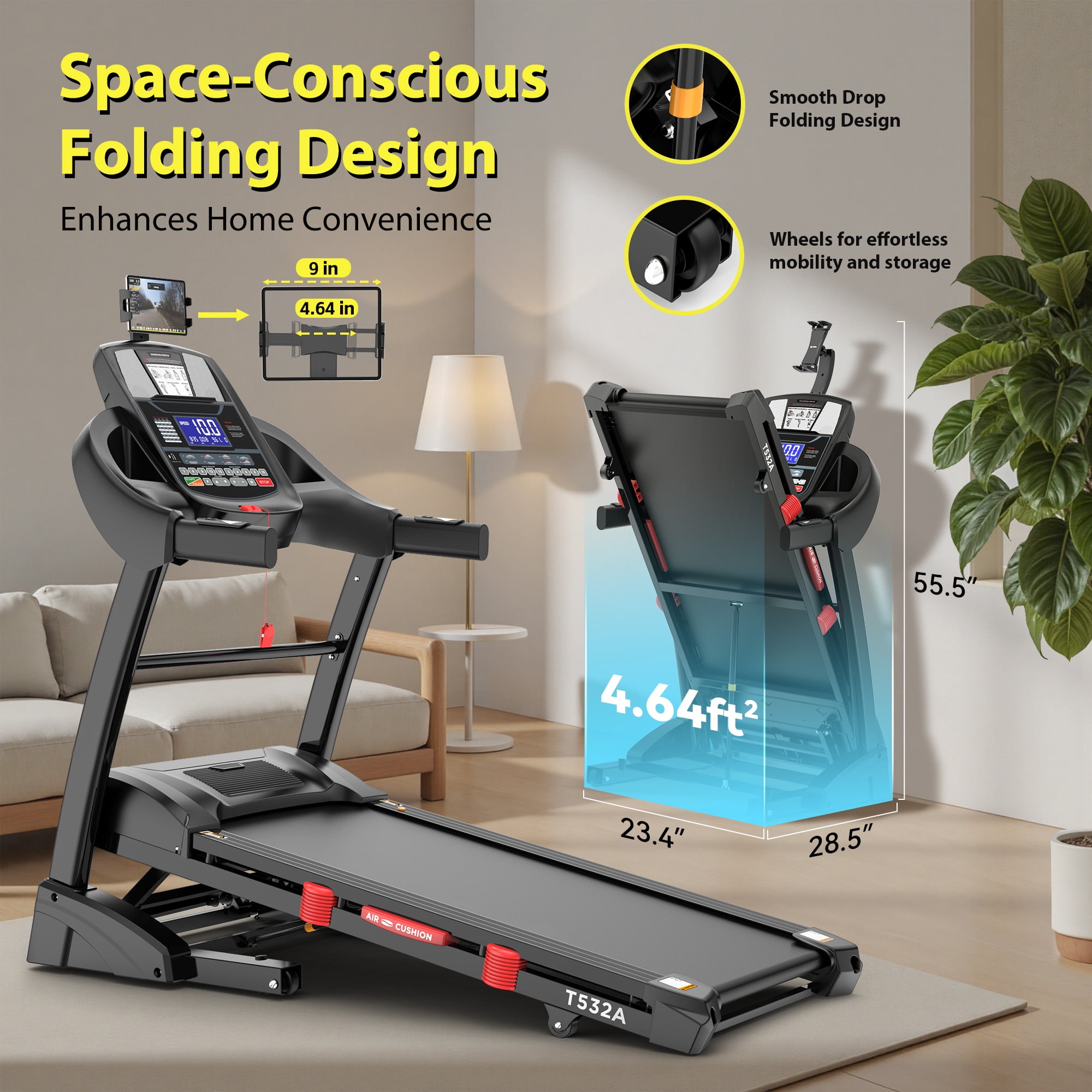 Treadmill with 15% Auto Incline, Treadmills for Home, Treadmill with 300lbs Capacity, Folding Treadmill with 18’’ Wide Belt, 4.5HP Brushless Motor, APP Control, 0.6-10MPH, 64Preprograms