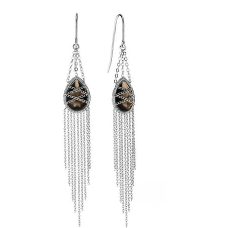 5th & Main Sterling Silver Hand-Wrapped Drape Chain Hanging Teardrop Smokey Quartz Stone Earrings