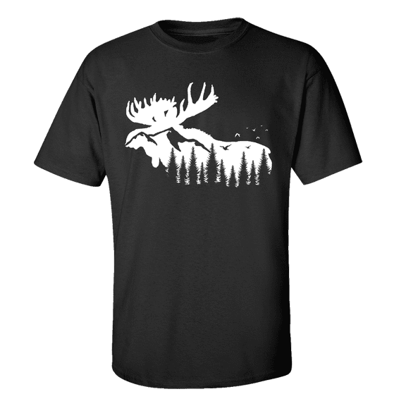 Men's Outdoors Moose Silhouette Scenic Mountain Forest Short Sleeve T-shirt-Black-xxxl