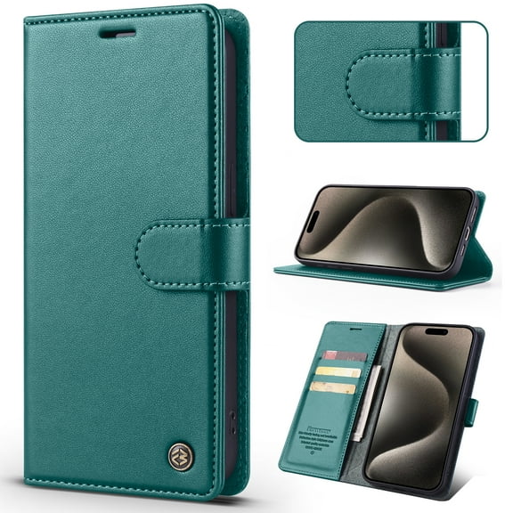 for iPhone 13 Wallet Case [RFID-Blocking] [Card Holder/Cash Slots] [Kickstand] [Magnetic Clasp], Advanced PU Leather Folio Flip Book Protective Shockproof Cover Women Men,Green