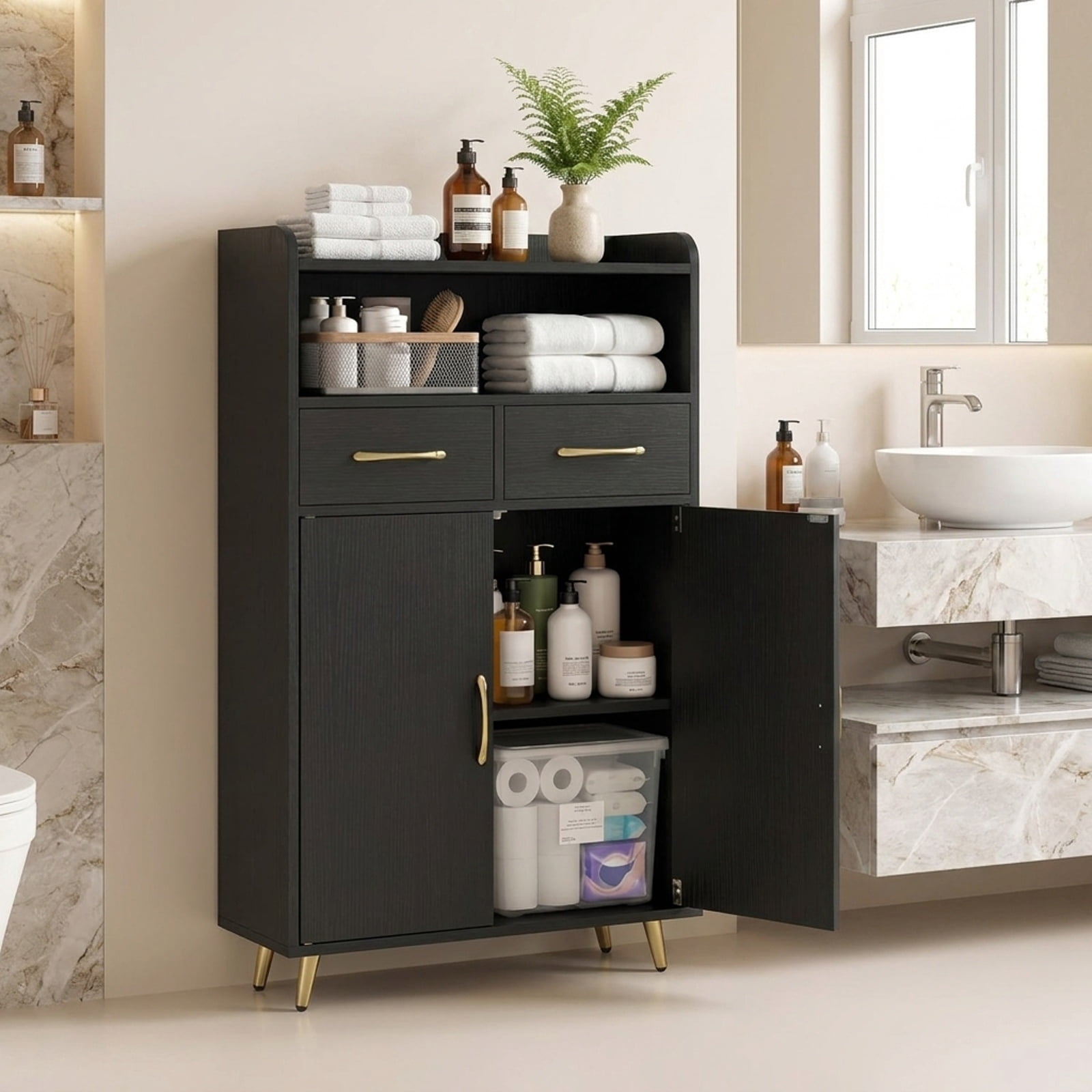 Vebreda Freestanding Bathroom Storage Cabinet, Bathroom Storage Cabinet Freestanding Floor Cabinet with 2 Drawers, Complement Various Rooms