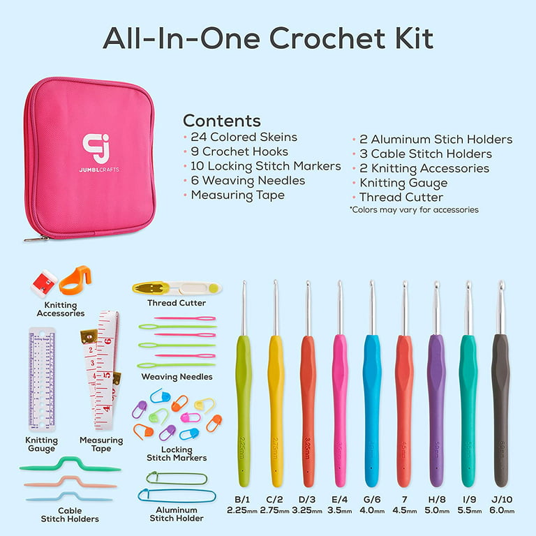 JumblCrafts 24-Yarn Crochet and Knitting Starter Kit with 2 Crochet Hooks  and 2 Weaving Needles 24 Assorted Colors Acrylic Yarn Skein