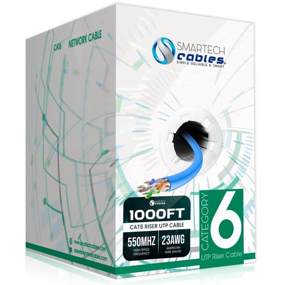 Cat6 1000ft Riser CCA Ethernet Cable, 550MHz, 23AWG, UTP, 1 GBit/s Blue