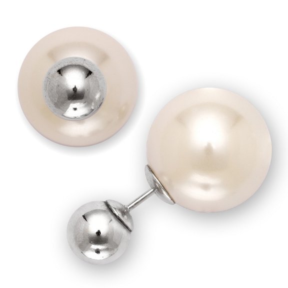 iJewelry2 Sterling Silver 8mm Bead with 16mm White Pearl Front Back Stud Earrings