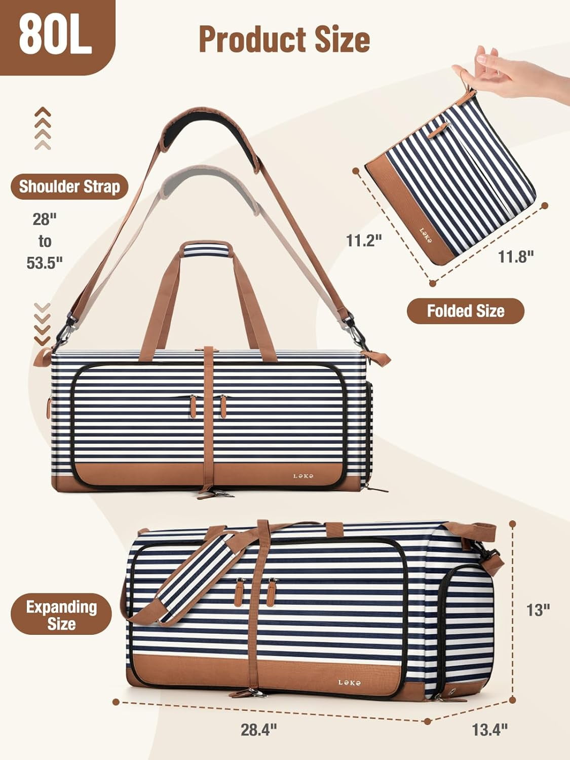 80L Large Foldable Travel Duffle Bag for Women - Separate Shoe Compartment, Carry On Weekend/Overnight/Hospital Bag with Straps (Blue Stripes)