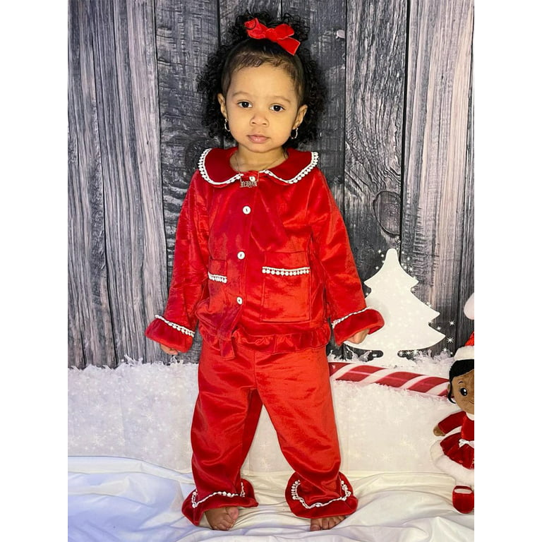 wybzd Toddler Baby Girl Christmas Velvet Pajamas Set Long Sleeve Lace  Patchwork Button Down Tops+Pants Red 3-4 Years