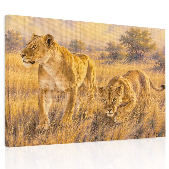 Gold Lioness Canvas Print Wall Art Rustic Wildlife Ochre Grassland Acacia Tree Wall Decor Modern Artwork Paintings Pictures for Living Room Stretched and Framed Ready to Hang - 12" x 16"