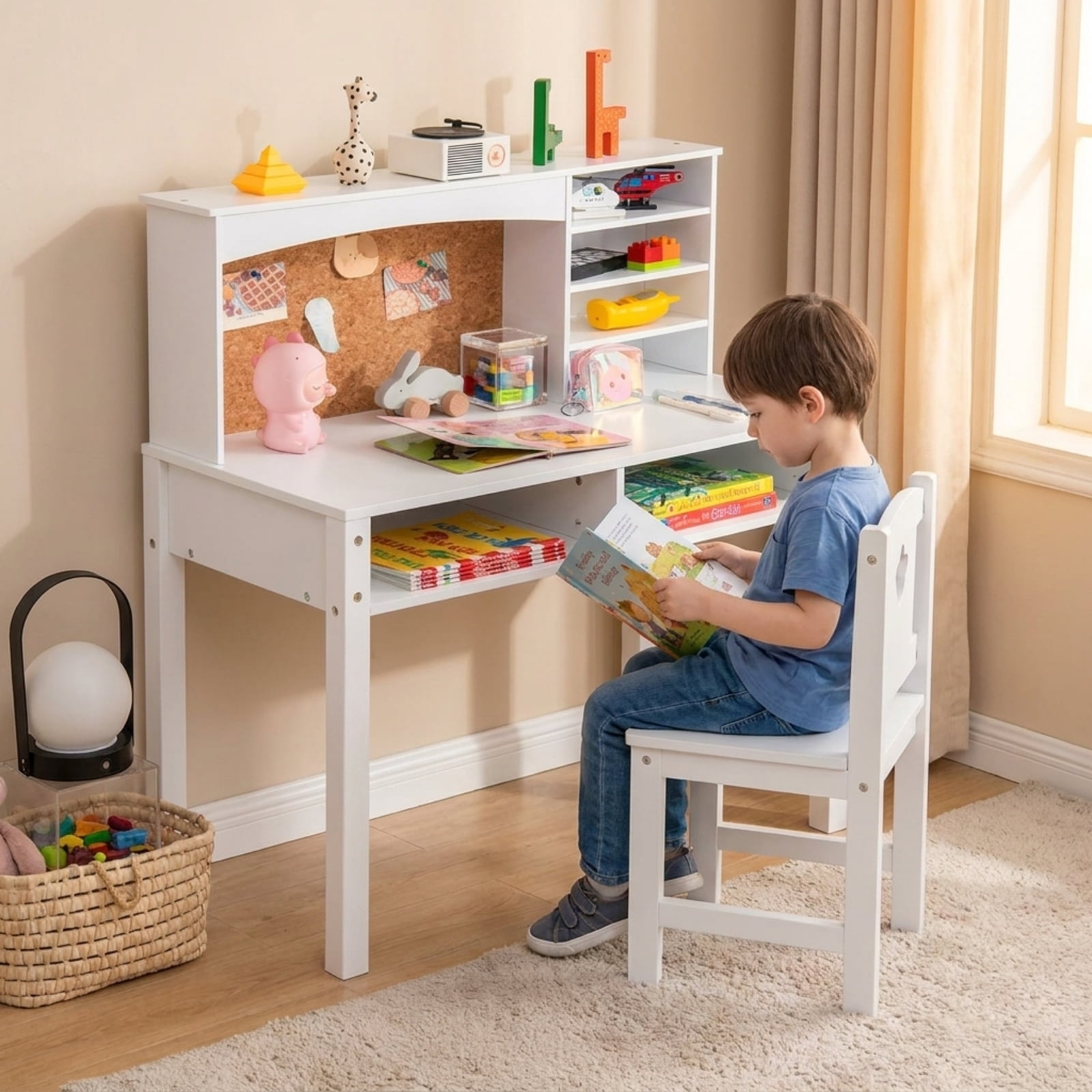 Furnibear Kids Desk and Chair Set with Hutch and Bulletin Board, Children Study Desk and Chair with Storage, Kids Writing Desk, White