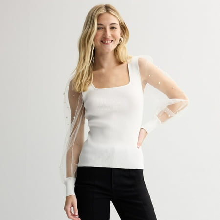 Juniors' madden girl Long Sleeve Square Neck Pullover Top Color: Ivory Size: X LARGE