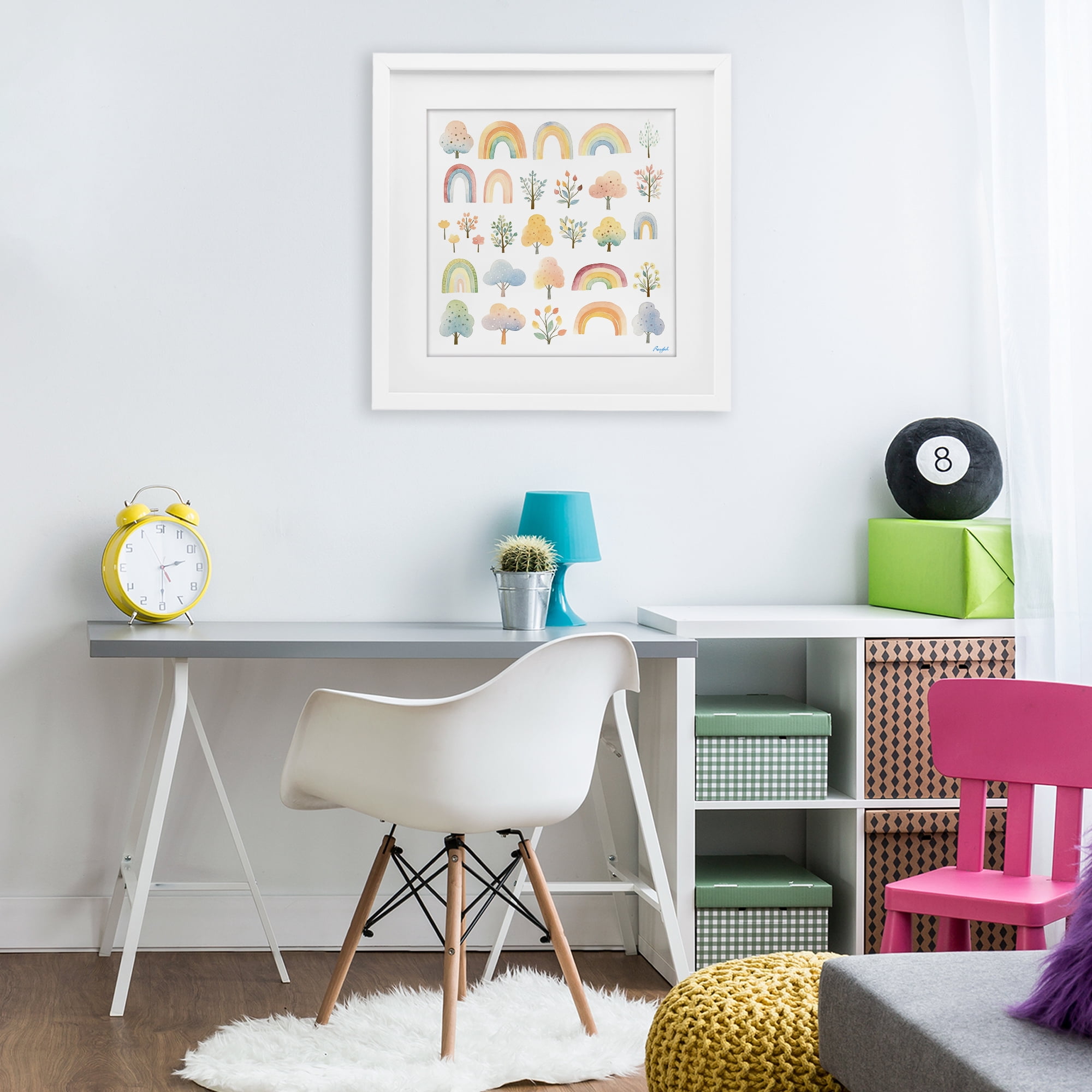 Stupell Industries Happy Rainbows & Foliage White Framed Print Under Glass, design by Roozbeh