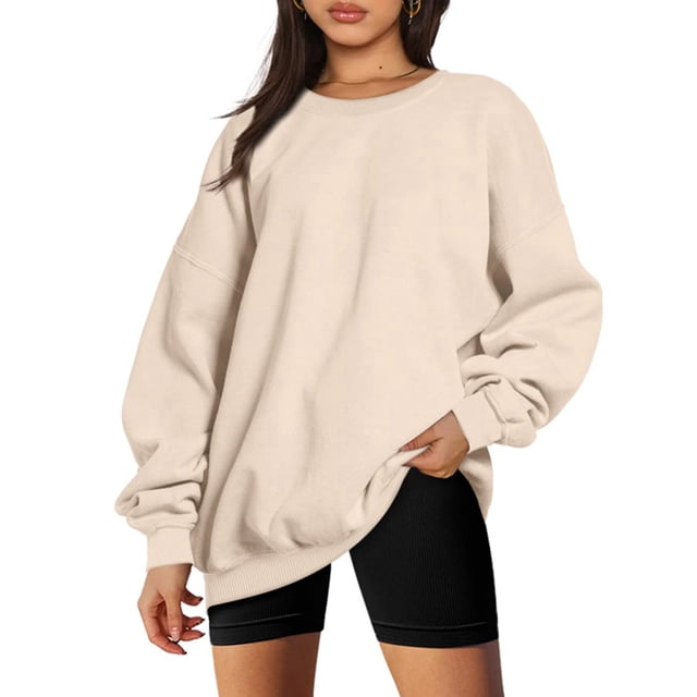 IROINID Rabais Womens Winter Clothes Chandail à Capuche Détente Col Rond Manches Longues Ample Uni Régulier Automne Blouse Hauts, Beige