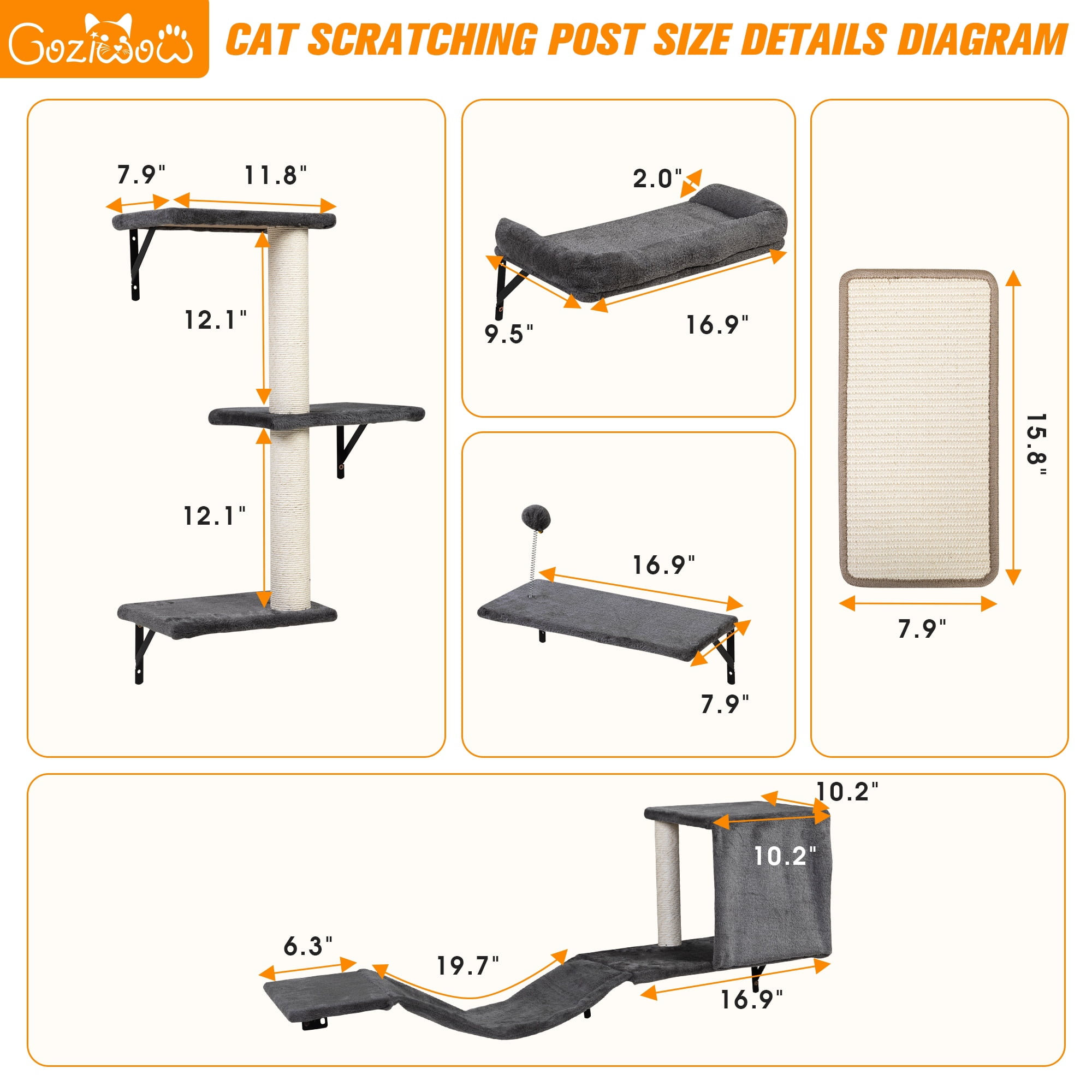 COZIWOW Cat Wall Shelves Set, 5-Piece Wall Mounted Cat Furniture with Cat Tree & Scratching Post(Grey)