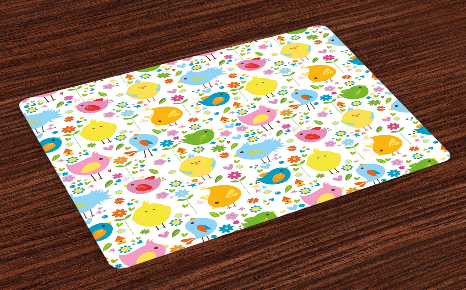 Kids Placemats Set of 4 Colorful Cute Spring Birds With Flowers Artwork