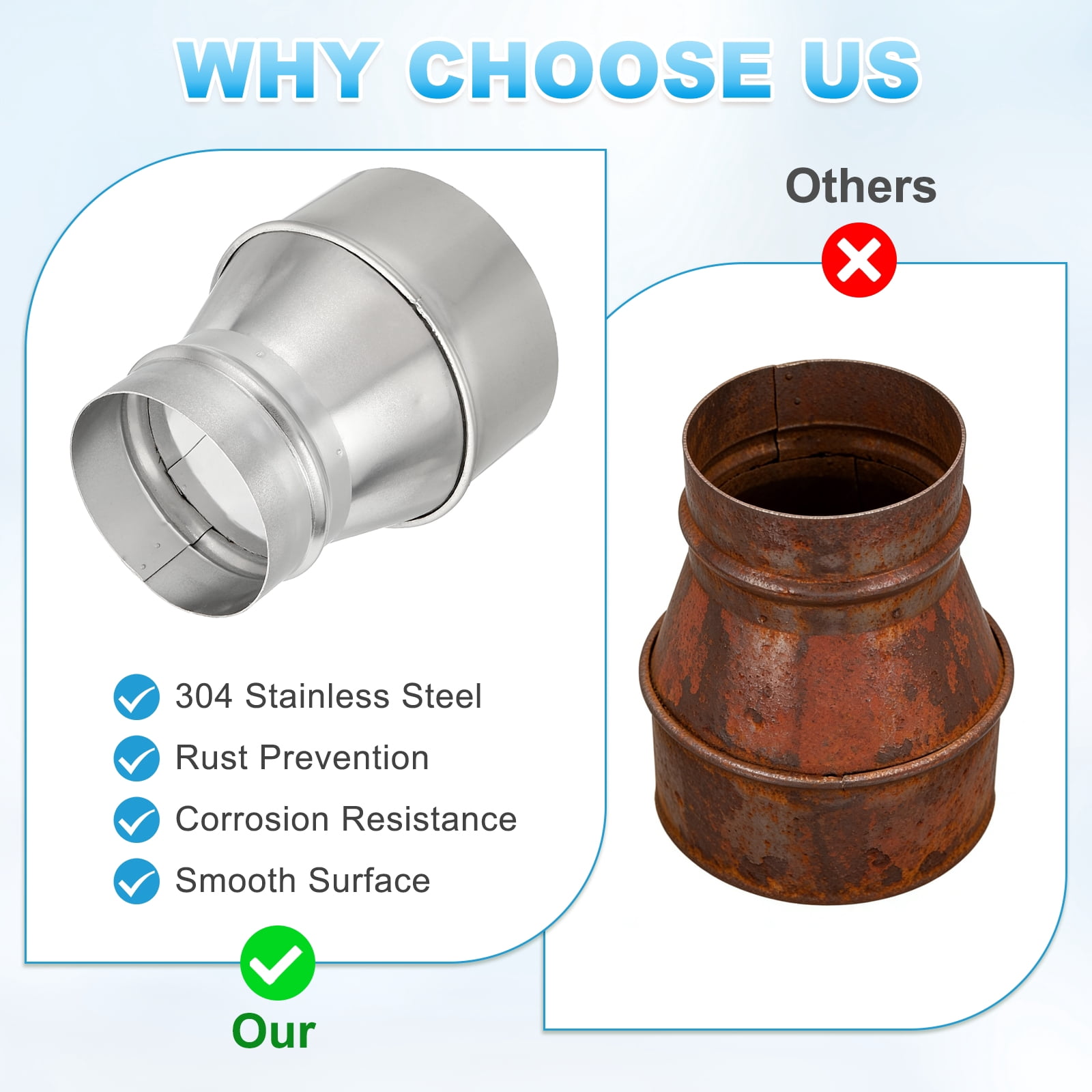 Uxcell Duct Reducer (8" to 4") - 304 Stainless Steel Air Ducting Reducer Increaser Metal HAVC Duct Adapter Stove Pipe Fitting Connector for Exhaust Fan/Blower/AC/Ventilation Systems