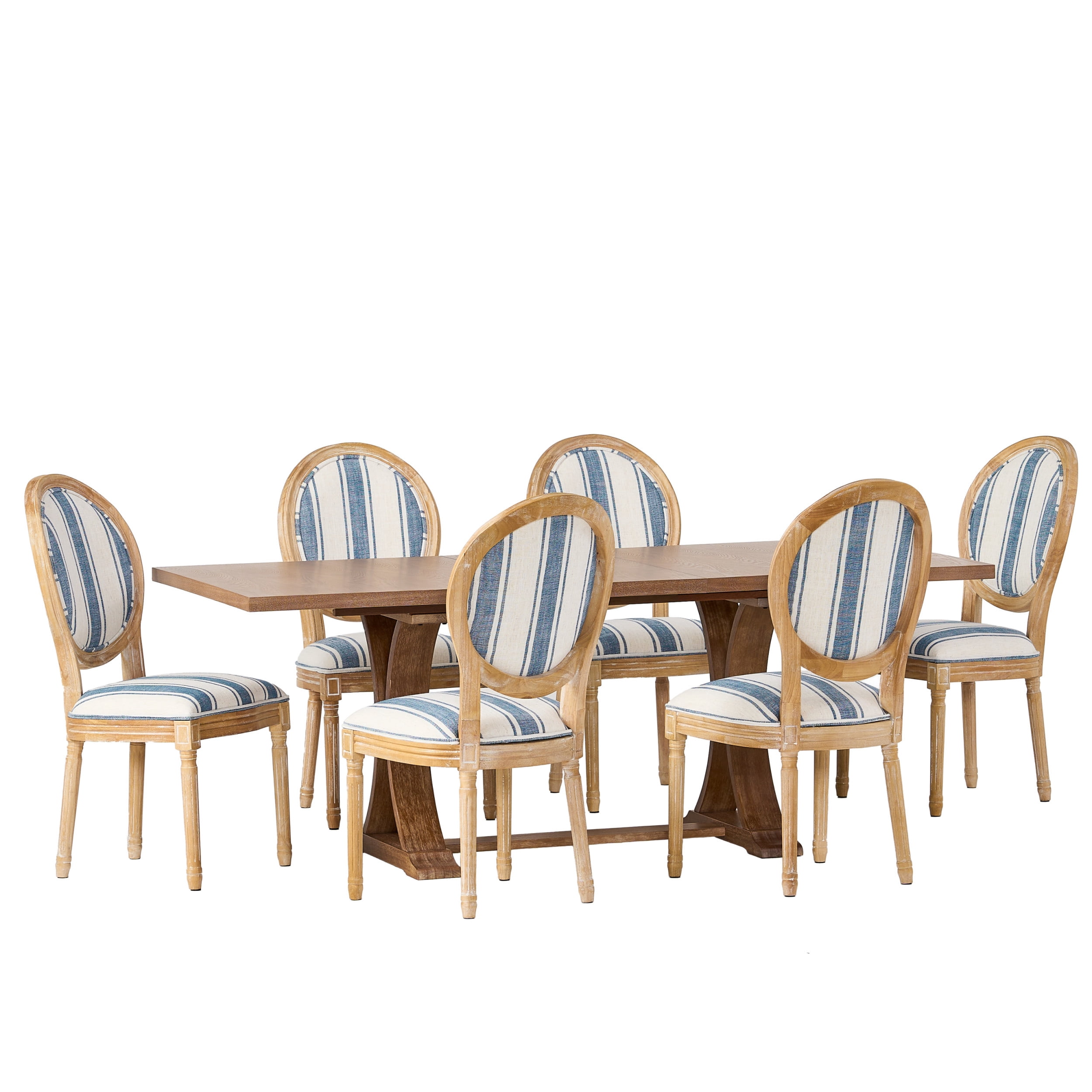Noble House Dored Fabric and Wood 7 Piece Dining Set, Dark Blue Stripe and Natural