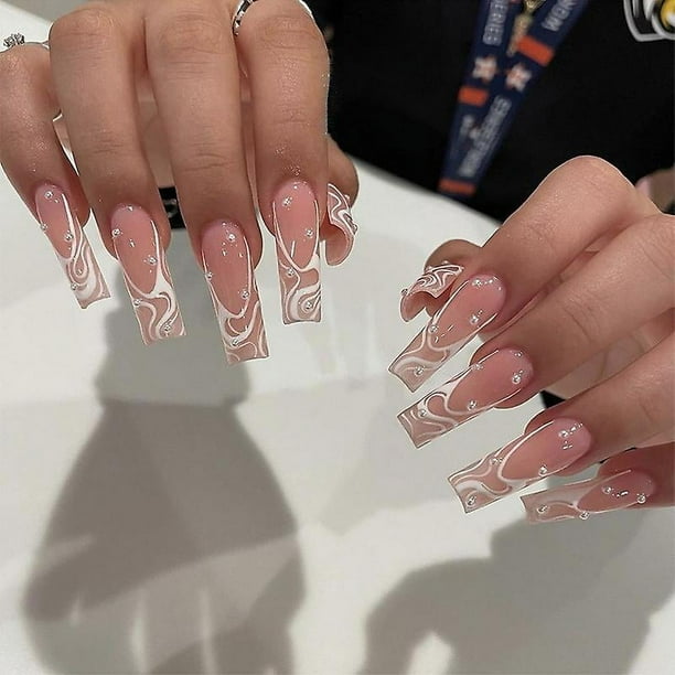 3 juegos de uñas postizas cuadradas largas, uñas postizas de color rosa perla Uñas postizas acrílicas, uñas artificiales para mujeres y niñas