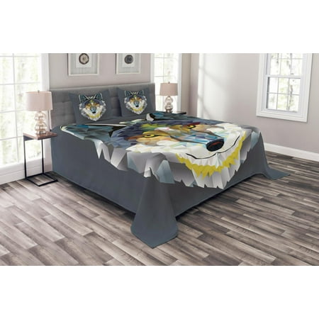 Wolf Bedspread Twin Zoo Bedspread Set, Artsy Graphic Design of Coyote Wolf Beast Modern Portrait Geometric Colorful Print, Decorative Quilted Coverlet Set with Pillow Shams Included, Multicolor, by Ambesonne ()