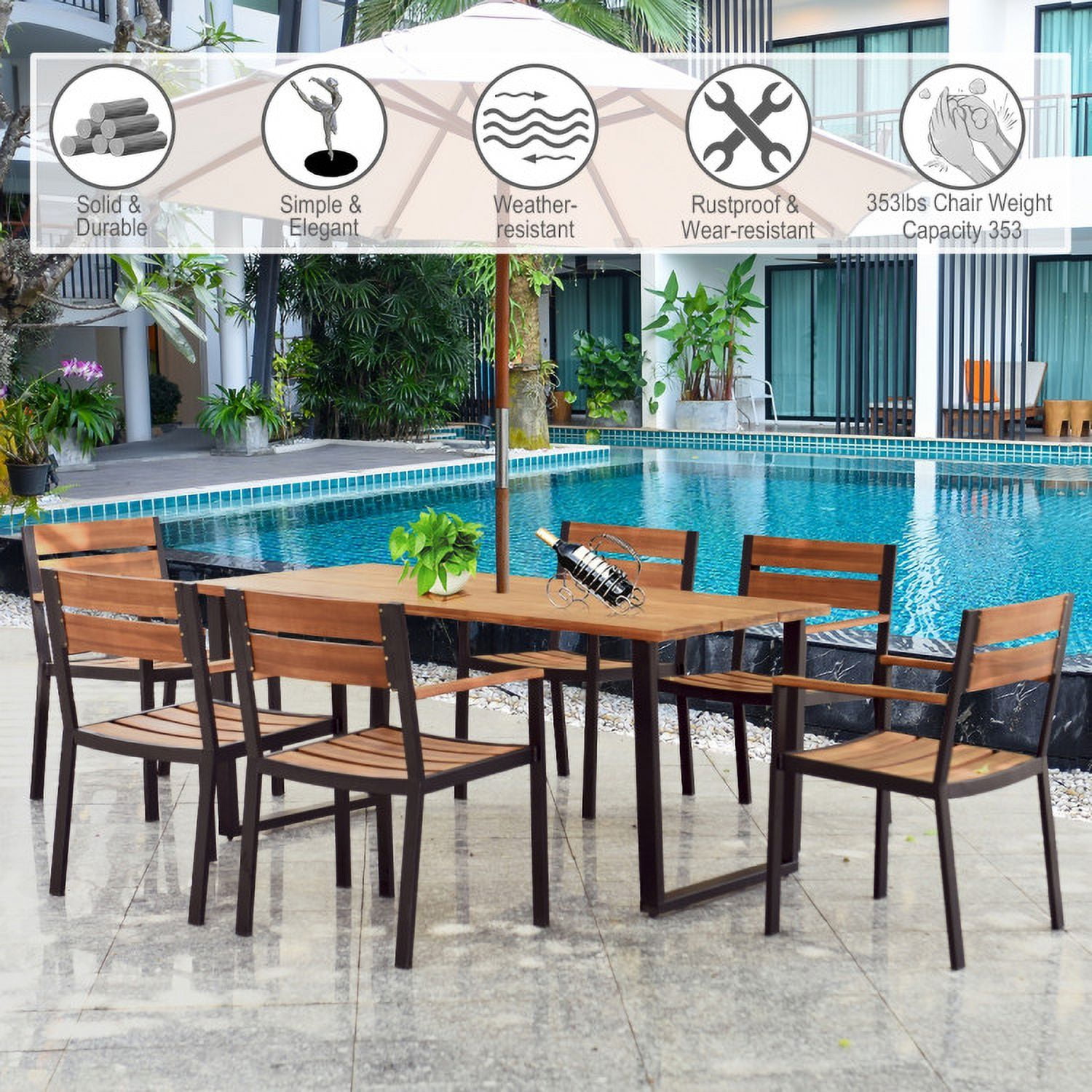 Aimee Lii 7 Pieces Patented Outdoor Patio Dining Table Set with Hole, Outdoor Patio Furniture, Blue